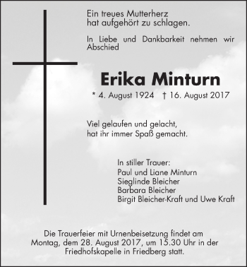 Traueranzeige von Erika Minturn von Wetterauer Zeitung, Wetterauer Zeitung