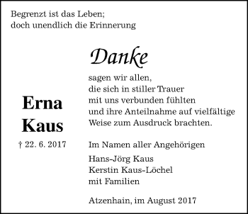 Traueranzeige von Erna Kaus von Giessener Allgemeine, Alsfelder Allgemeine