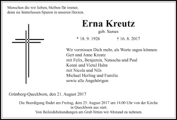 Traueranzeige von Erna Kreutz von Giessener Allgemeine, Alsfelder Allgemeine