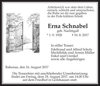 Traueranzeige von Erna Schnabel von Giessener Allgemeine, Alsfelder Allgemeine
