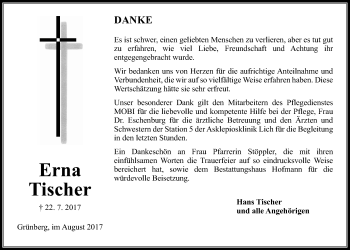 Traueranzeige von Erna Tischer von Giessener Allgemeine, Alsfelder Allgemeine
