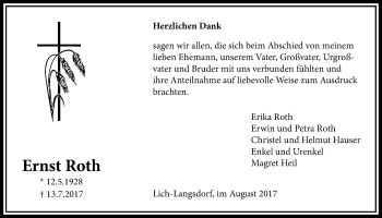 Traueranzeige von Ernst Roth von Licher Wochenblatt, Licher Wochenblatt, Licher Wochenblatt