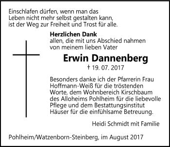 Traueranzeige von Erwin Dannenberg von Pohlheimer Nachrichten