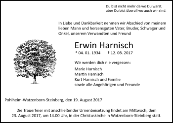 Traueranzeige von Erwin Harnisch von Giessener Allgemeine, Alsfelder Allgemeine