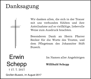 Traueranzeige von Erwin Schepp von Giessener Allgemeine, Alsfelder Allgemeine