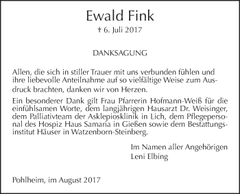Traueranzeige von Ewald Fink von Pohlheimer Nachrichten