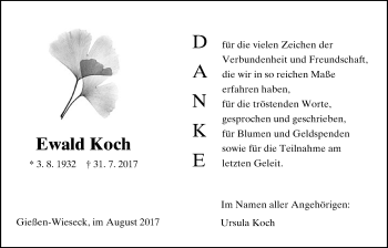 Traueranzeige von Ewald Koch von Giessener Allgemeine, Alsfelder Allgemeine