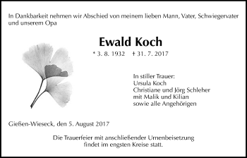 Traueranzeige von Ewald Koch von Giessener Allgemeine, Alsfelder Allgemeine