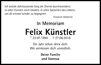 Traueranzeige von Felix Künstler von Alsfelder Allgemeine