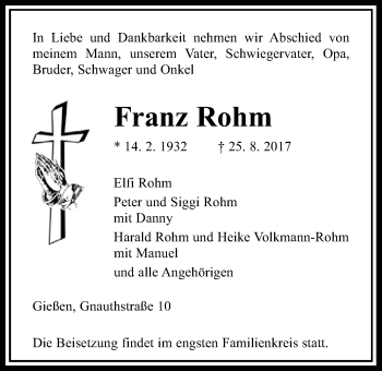 Traueranzeige von Franz Rohm von Giessener Allgemeine, Alsfelder Allgemeine