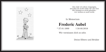 Traueranzeige von Frederic Aubel von Alsfelder Allgemeine