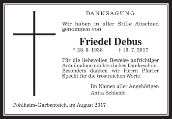 Traueranzeige von Friedel Debus von Giessener Allgemeine, Alsfelder Allgemeine