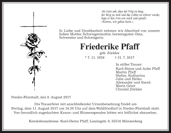 Traueranzeige von Friederike Pfaff von Wetterauer Zeitung, Wetterauer Zeitung