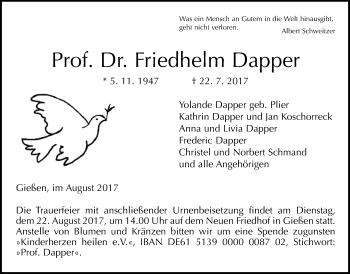 Traueranzeige von Friedhelm Dapper von Giessener Allgemeine, Alsfelder Allgemeine