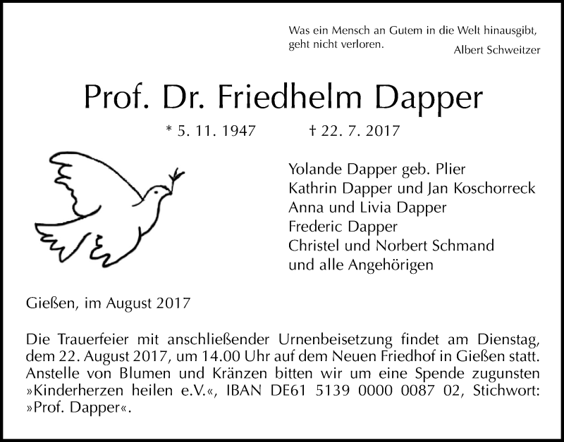  Traueranzeige für Friedhelm Dapper vom 12.08.2017 aus Giessener Allgemeine, Alsfelder Allgemeine