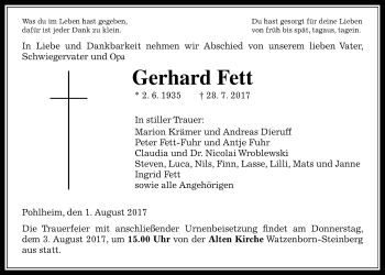 Traueranzeige von Gerhard Fett von Giessener Allgemeine, Alsfelder Allgemeine
