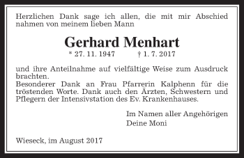 Traueranzeige von Gerhard Menhart von Giessener Allgemeine, Alsfelder Allgemeine
