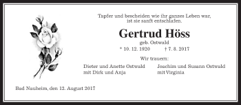 Traueranzeige von Gertrud Höss von Wetterauer Zeitung, Wetterauer Zeitung