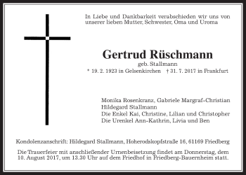 Traueranzeige von Gertrud Rüschmann von Wetterauer Zeitung, Wetterauer Zeitung
