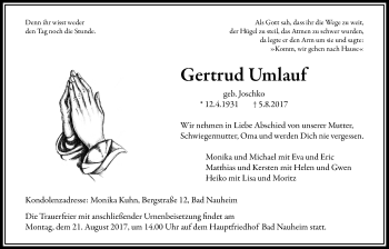 Traueranzeige von Gertrud Umlauf von Wetterauer Zeitung, Wetterauer Zeitung