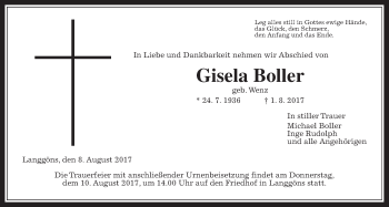Traueranzeige von Gisela Boller von Giessener Allgemeine, Alsfelder Allgemeine