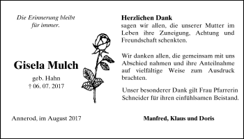 Traueranzeige von Gisela Mulch von Giessener Allgemeine, Alsfelder Allgemeine