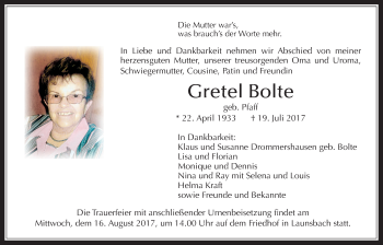 Traueranzeige von Gretel Bolte von Giessener Allgemeine, Alsfelder Allgemeine