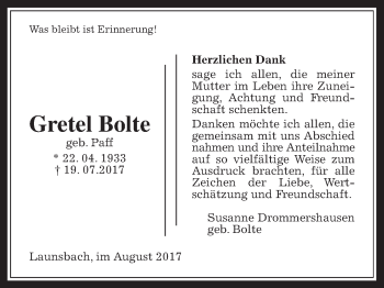 Traueranzeige von Gretel Bolte von Giessener Allgemeine, Alsfelder Allgemeine