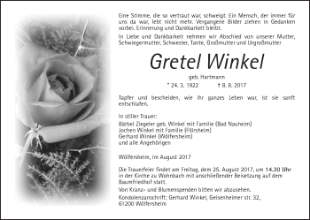 Traueranzeige von Gretel Winkel von Wetterauer Zeitung, Wetterauer Zeitung