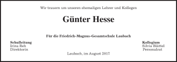 Traueranzeige von Günter Hesse von Giessener Allgemeine, Alsfelder Allgemeine