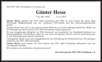 Traueranzeige von Günter Hesse von Heimatzeitung Grünberg + Laubach, Laubacher Anzeiger