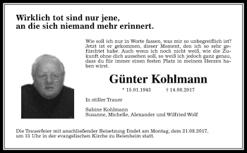 Traueranzeige von Günter Kohlmann von Wetterauer Zeitung, Wetterauer Zeitung