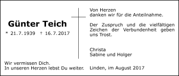 Traueranzeige von Günter Teich von Giessener Allgemeine, Alsfelder Allgemeine