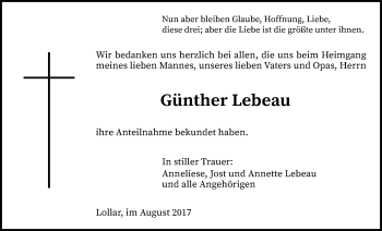 Traueranzeige von Günther Lebeau von Giessener Allgemeine, Alsfelder Allgemeine
