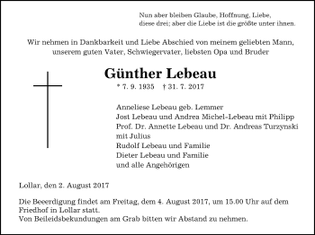 Traueranzeige von Günther Lebeau von Giessener Allgemeine, Alsfelder Allgemeine