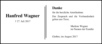 Traueranzeige von Hanfred Wagner von Giessener Allgemeine, Alsfelder Allgemeine