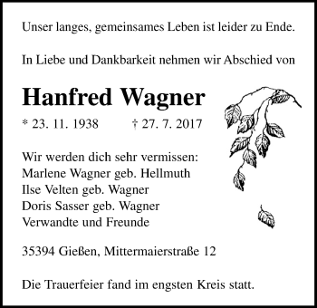 Traueranzeige von Hanfred Wagner von Giessener Allgemeine, Alsfelder Allgemeine