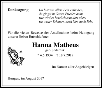 Traueranzeige von Hanna Matheus von Licher Wochenblatt, Licher Wochenblatt, Licher Wochenblatt