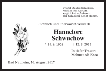 Traueranzeige von Hannelore Schwuchow von Wetterauer Zeitung, Wetterauer Zeitung