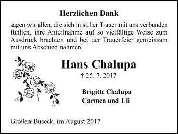 Traueranzeige von Hans Chalupa von Giessener Allgemeine, Alsfelder Allgemeine