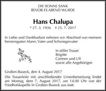Traueranzeige von Hans Chalupa von Giessener Allgemeine, Alsfelder Allgemeine