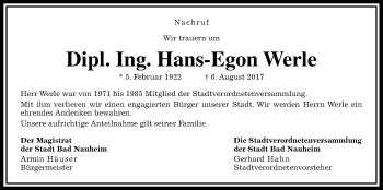 Traueranzeige von Hans-Egon Werle von Wetterauer Zeitung, Wetterauer Zeitung