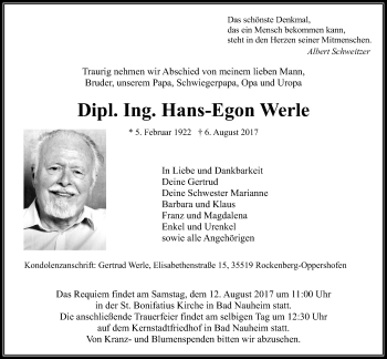Traueranzeige von Hans-Egon Werle von Wetterauer Zeitung, Wetterauer Zeitung