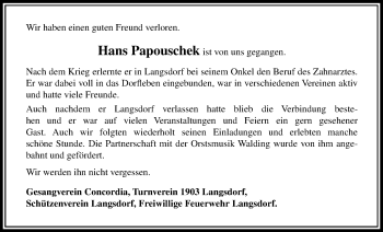 Traueranzeige von Hans Papouschek von Licher Wochenblatt, Licher Wochenblatt, Licher Wochenblatt