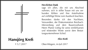Traueranzeige von Hansjörg Kreß von Licher Wochenblatt, Licher Wochenblatt, Licher Wochenblatt