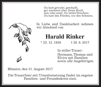 Traueranzeige von Harald Rinker von Giessener Allgemeine, Alsfelder Allgemeine