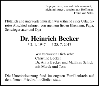 Traueranzeige von Heinrich Becker von Giessener Allgemeine, Alsfelder Allgemeine