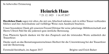 Traueranzeige von Heinrich Haas von Giessener Allgemeine, Alsfelder Allgemeine