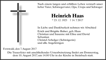 Traueranzeige von Heinrich Haas von Giessener Allgemeine, Alsfelder Allgemeine