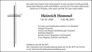 Traueranzeige von Heinrich Hommel von Giessener Allgemeine, Alsfelder Allgemeine